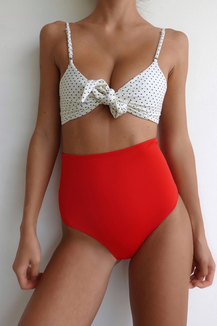 blue polka top red bottom high rise bikini set