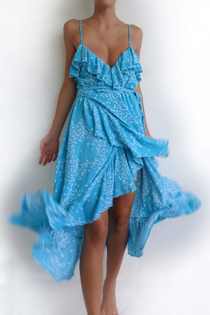 blue floral wrap dress